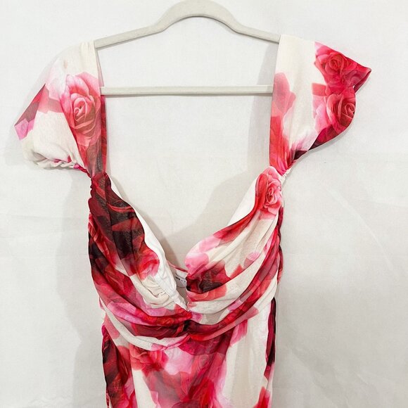 ASOS DESIGN Curve V-Wire Bardot Ruched Mesh Midi Dress Rose Floral - Size 16 - Picture 3 of 7